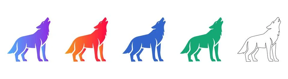 Howling Wolf Silhouette Collection in Gradient and Outline Styles Stock Illustration