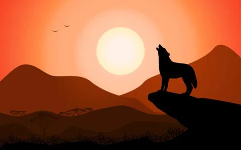 Howling wolf at sunset stands on a rock Illustrazione stock