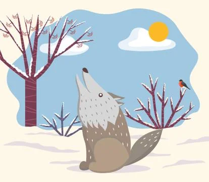 Howling Wolf in Winter Landscape Forest Vector Stock Illustration