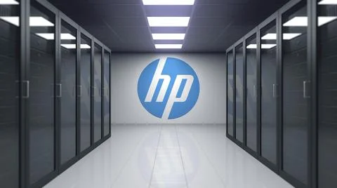 HP Inc. logo on the wall of the server room. Editorial 3D rendering Stock Illustration