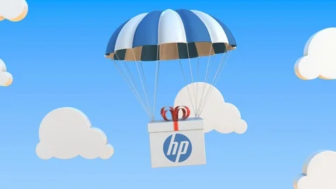 HP logo on moving Box moves under parachute. Editorial loopable 3D animation Stock Footage 122776459