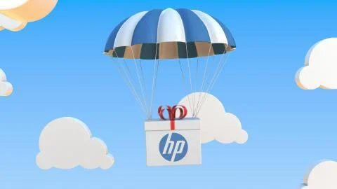 HP logo on moving Box moves under parachute. Editorial 3D rendering Иллюстрация