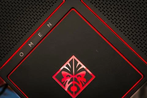 HP Omen Computer Closeup Display Case New Computer Release Sale Demo October  Stock Photos