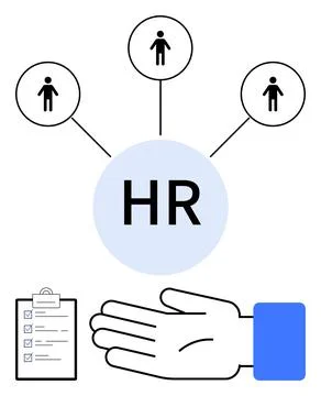 HR in central circle with three connected figures, checklist, and hand symbol Stock Illustration