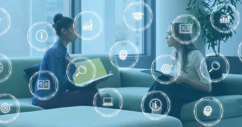 HR coaching mentee, opening notes while book, graph, cap, laptop icons floating, Stock Footage 330195209