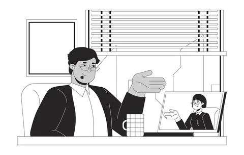 HR conducting virtual interview with candidate bw 2D line characters Stock Illustration
