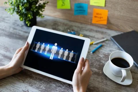 HR, Human resource management, teamwork, recruitment concept on device screen. Stock-Fotos