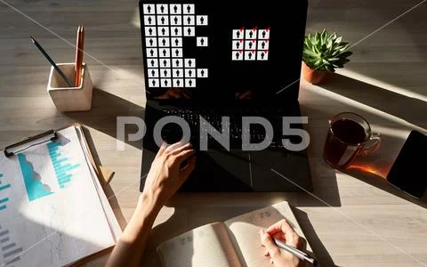 HR, Human resource management, teamwork, recruitment concept on device screen. Stock Photos