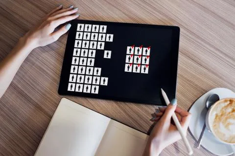 HR, Human resource management, teamwork, recruitment concept on device screen. Stock Photos