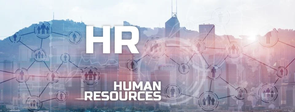 HR - Human resources management and recruitment concept on modern city. Double Stock Photos