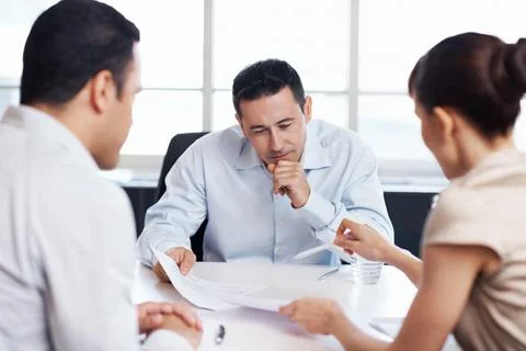 HR, man or thinking with documents in meeting for candidate calibration, resume Stock Photos