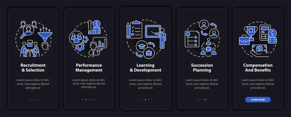 HR management basics night mode onboarding mobile app screen Stock Illustration