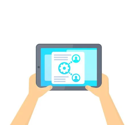 HR management software, tablet in hands, vector illustration Stock Illustration