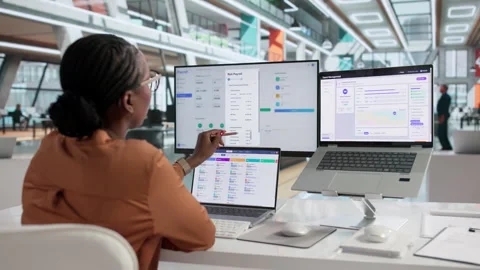 HR Manager Carefully Reviews Payroll Software Stock Footage 337644904