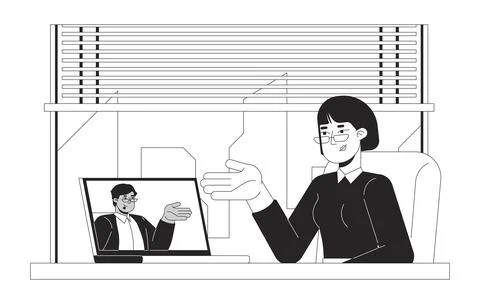 HR manager conducting interview through video call bw 2D line characters 스톡 일러스트