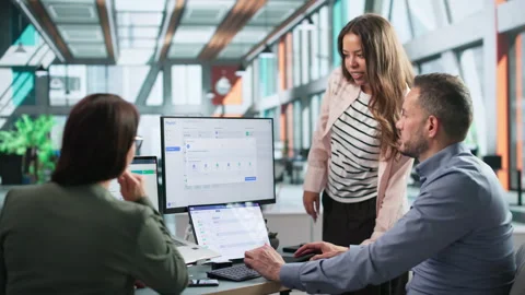 HR Manager Discusses Payroll Software Features With Diverse Team Stock Footage 347301176