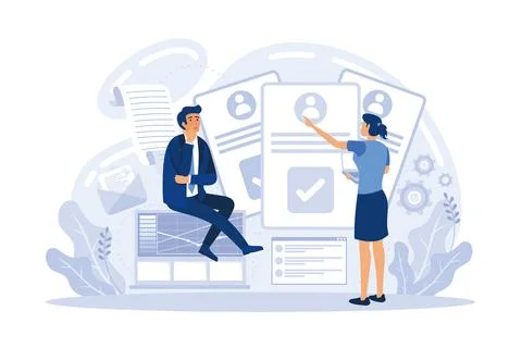 HR manager with employee at interview and business flow chart. Employee ass.. Illustrazione stock
