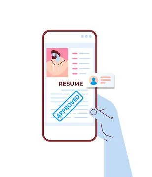 Hr manager hand using mobile app cv portfolio of job candidate resume with Stock Illustration
