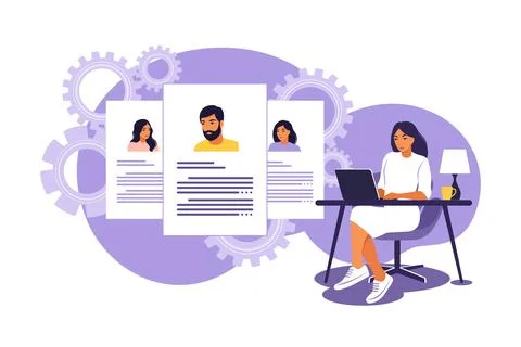 Hr manager looking for and analyzing candidate for job. Interview for job con Stock Illustration