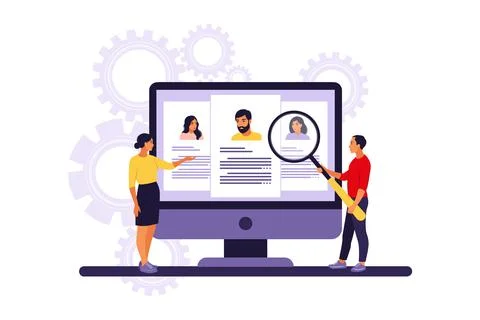 Hr manager looking for and analyzing candidate for job. Interview for job con Stock Illustration