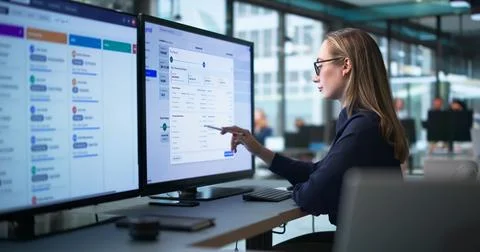 HR Manager Reviewing Payroll Data On Computer To Ensure Accurate Salary. Stock Photos