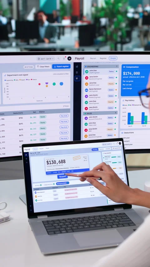 HR Manager Reviews Payroll Software On Laptop Vídeo Stock 343890431