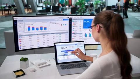 HR Manager Reviews Payroll Software On Laptop Vídeos de archivo 344714231