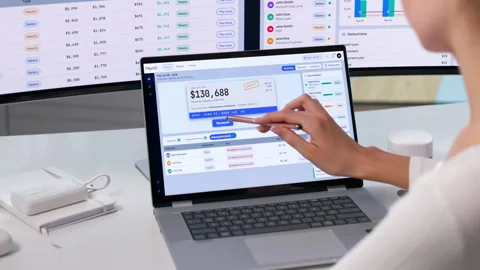 HR Manager Reviews Payroll Software On Laptop Stock Footage 345330150