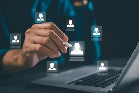 HR manager with stylus selects digital candidate profile on virtual interfa.. Fotos Stock