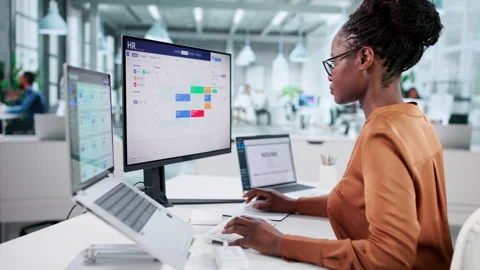 HR Manager Using Cloud Software Platform For Managing Staff Stock Footage 328712027