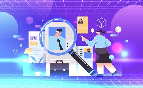 Hr manager in virtual reality glasses choosing resume curriculum vitae of new Stock Illustration
