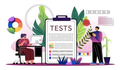 HR managers with test. Man and woman near clipboard and laptop. Recruitment and 스톡 일러스트