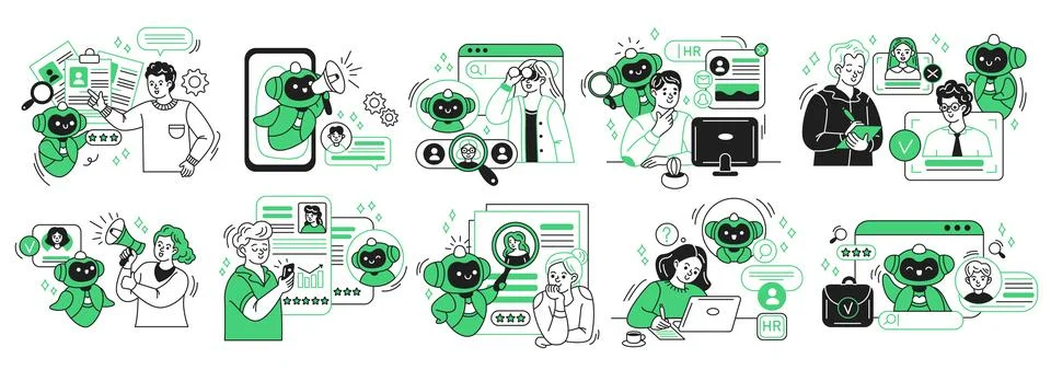 HR Process Automation with Friendly Robot Illustrations Stock Illustration