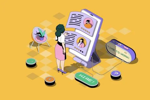 HR process concept in 3d isometric design. Woman work as head hunter, choosin Stock Illustration