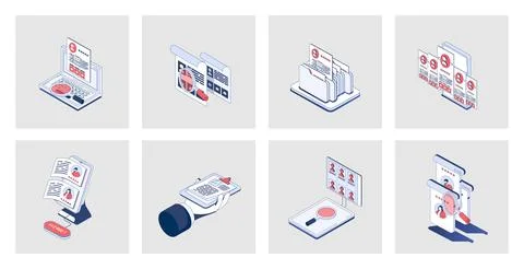HR process concept of isometric icons in 3d isometry design for web. Human re 库存插图