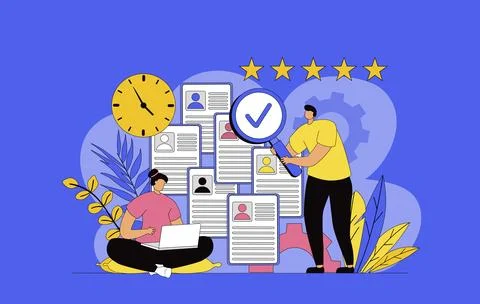 HR process concept with modern flat design for web. Woman and man choosing .. 库存插图
