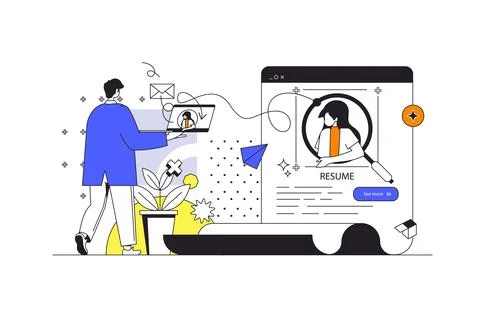 HR process web concept in flat outline design with characters. Man choose res Illustrazione stock