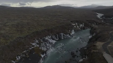 Hraunfossar falls in Iceland, unique lava field water springs, 4K Vídeo Stock 332657166