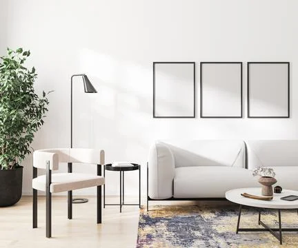Hree blank frames mock up in home living room interior with white sofa, 3d re Stock Illustration