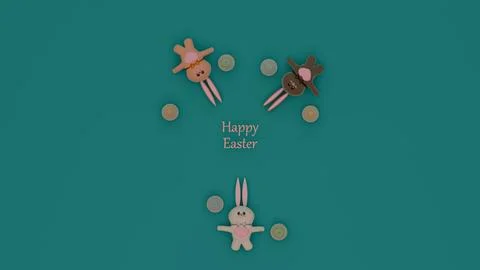 Hree Individual Easter Bunnies and six Circular Patterned Eggs on a Teal Ba.. Stock Illustration