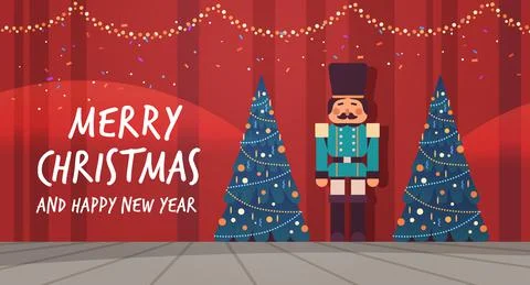 Hristmas nutcracker wooden soldier standing near fir tree new year holidays Stock Illustration