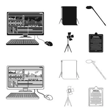 Hromakey, script and other equipment. Making movies set collection icons in イラスト素材