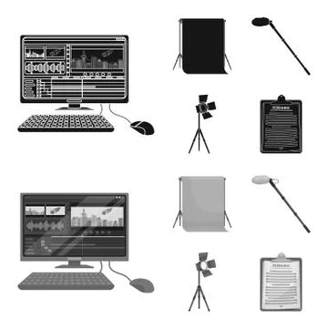 Hromakey, script and other equipment. Making movies set collection icons in イラスト素材