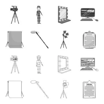 Hromakey, script and other equipment. Making movies set collection icons in Stock Illustration