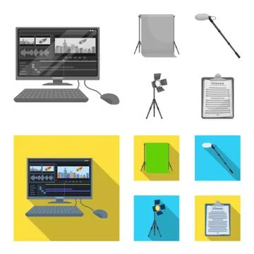 Hromakey, script and other equipment. Making movies set collection icons in イラスト素材