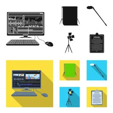 Hromakey, script and other equipment. Making movies set collection icons in イラスト素材