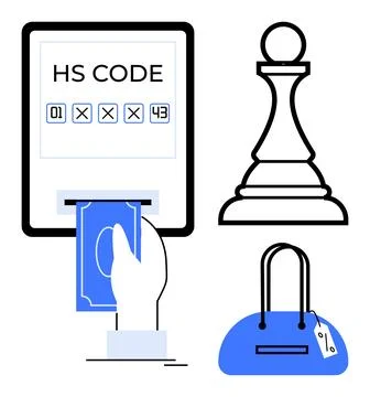 HS Code Entry on Screen, Hand with Money, Chess Pawn, and Handbag Illustratio Stock Illustration