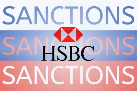 HSBC logo in front of the Russian flag. Sanctions against Russia over its Stock Illustration