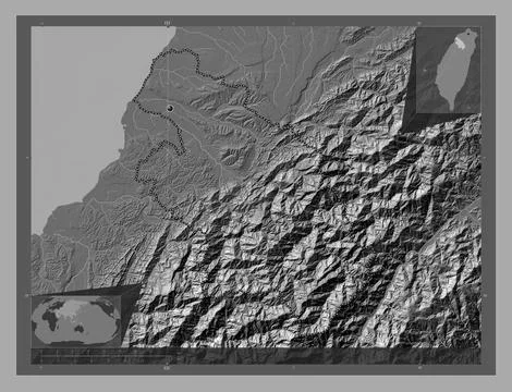 Hsinchu, Taiwan. Bilevel elevation map with lakes and rivers Illustrazione stock