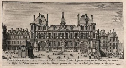 The Htel de Ville in Paris. Etching. Illustrazione stock